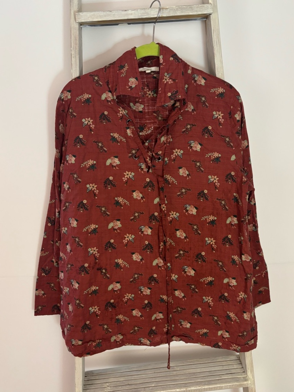 Easel Rust Red Floral tunic with lace up collar and sleeves, cottage-core